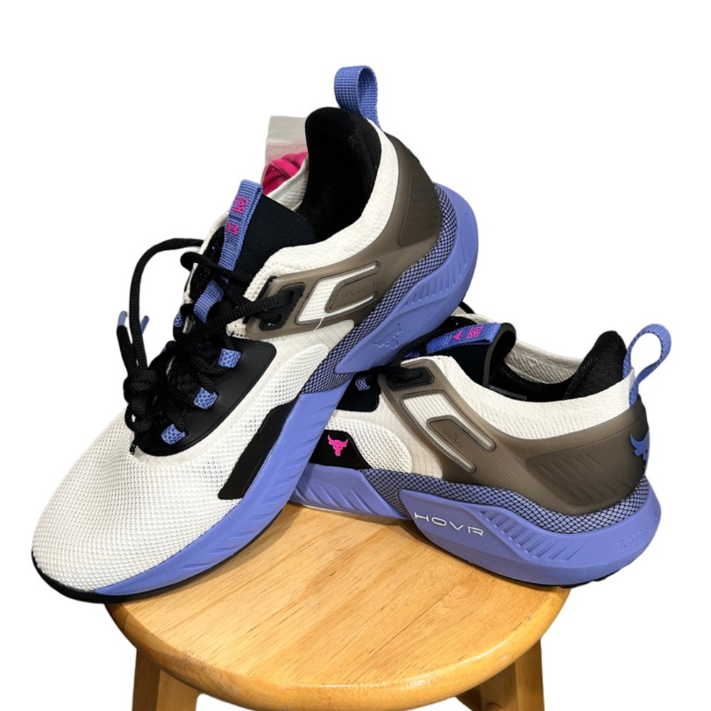 UA Project Rock White and Purple Athletic Sneakers